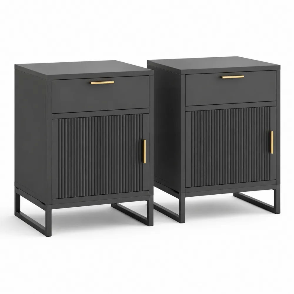 Nachttische 2er Set mit Schublade und Tür 45x40x60 cm MDF Metall Schwarz