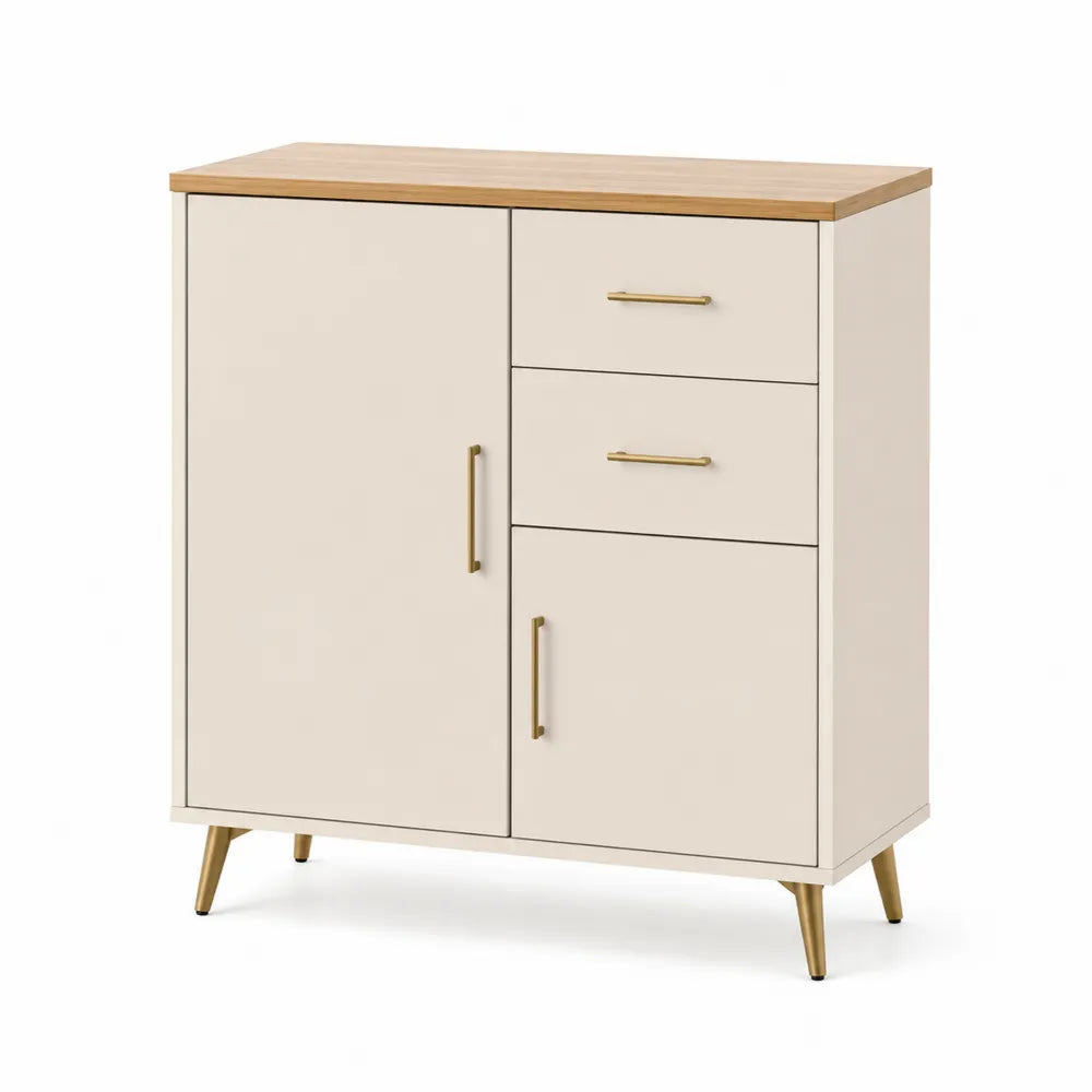 Sideboard Kommode mit Türen Schubladen MDF Holzdekor Metallbeine Beige Gold 120 x 40 x 85 cm