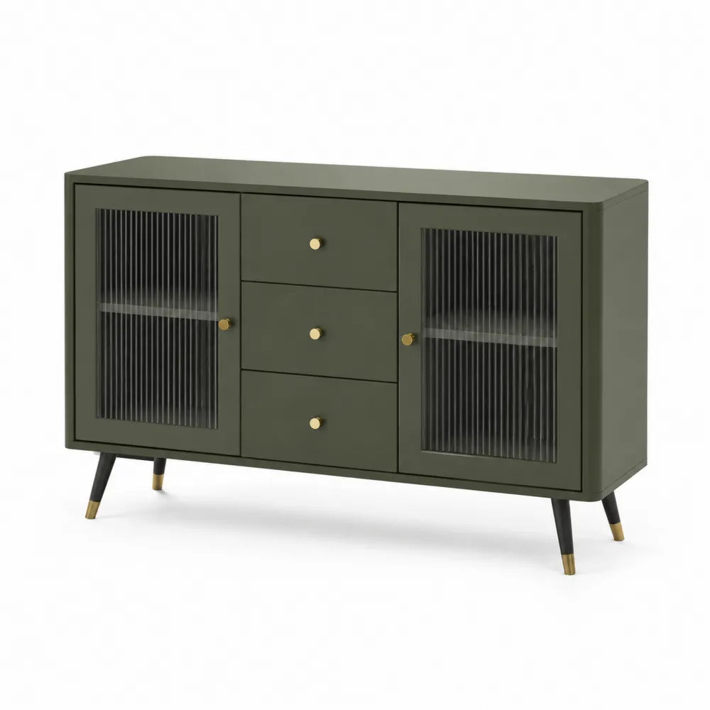 Sideboard mit 2 Glastüren 3 Schubladen MDF Riffelglas Metallbeine Grün Schwarz Gold 160 x 40 x 80 cm