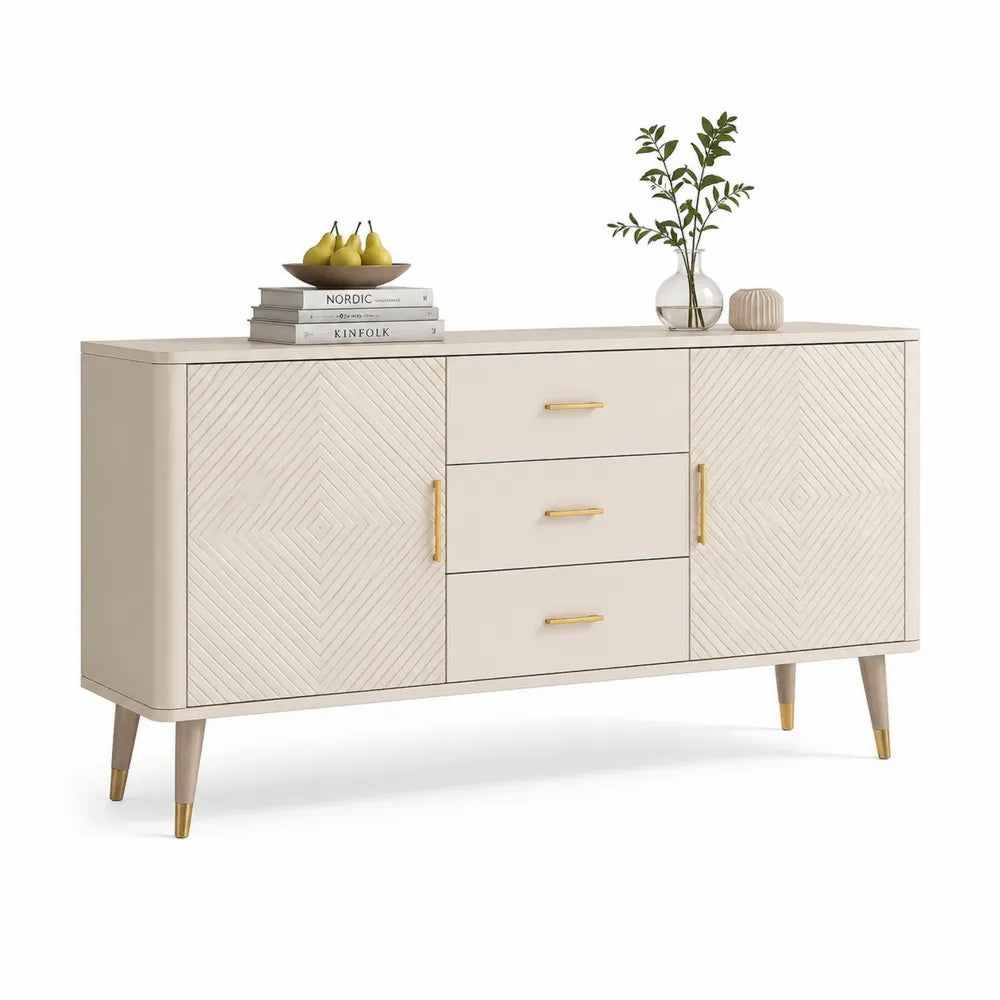 Sideboard Kommode mit Türen Schubladen MDF Rillenfronten Metallbeine Gold Beige 160 x 40 x 80 cm