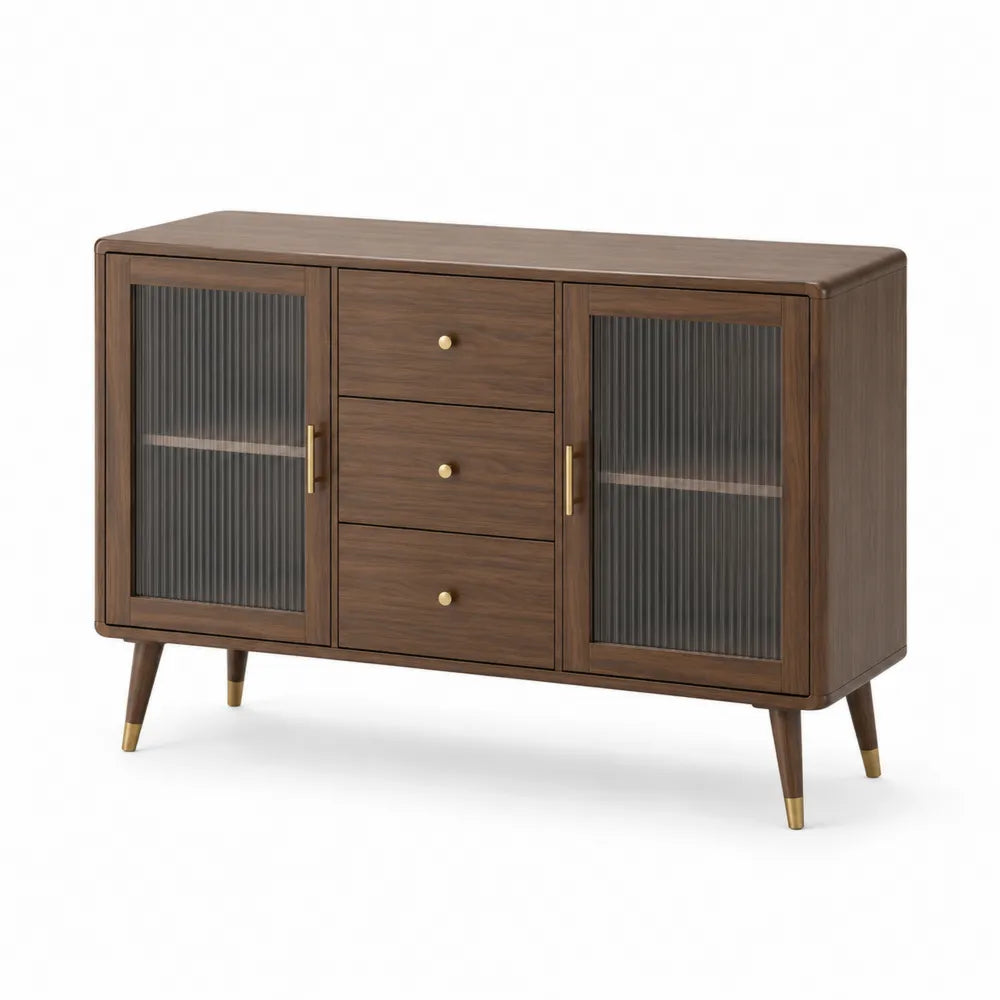Sideboard Kommode mit Türen Schubladen MDF Glasfronten Metallbeine Braun Gold 160 x 40 x 80 cm