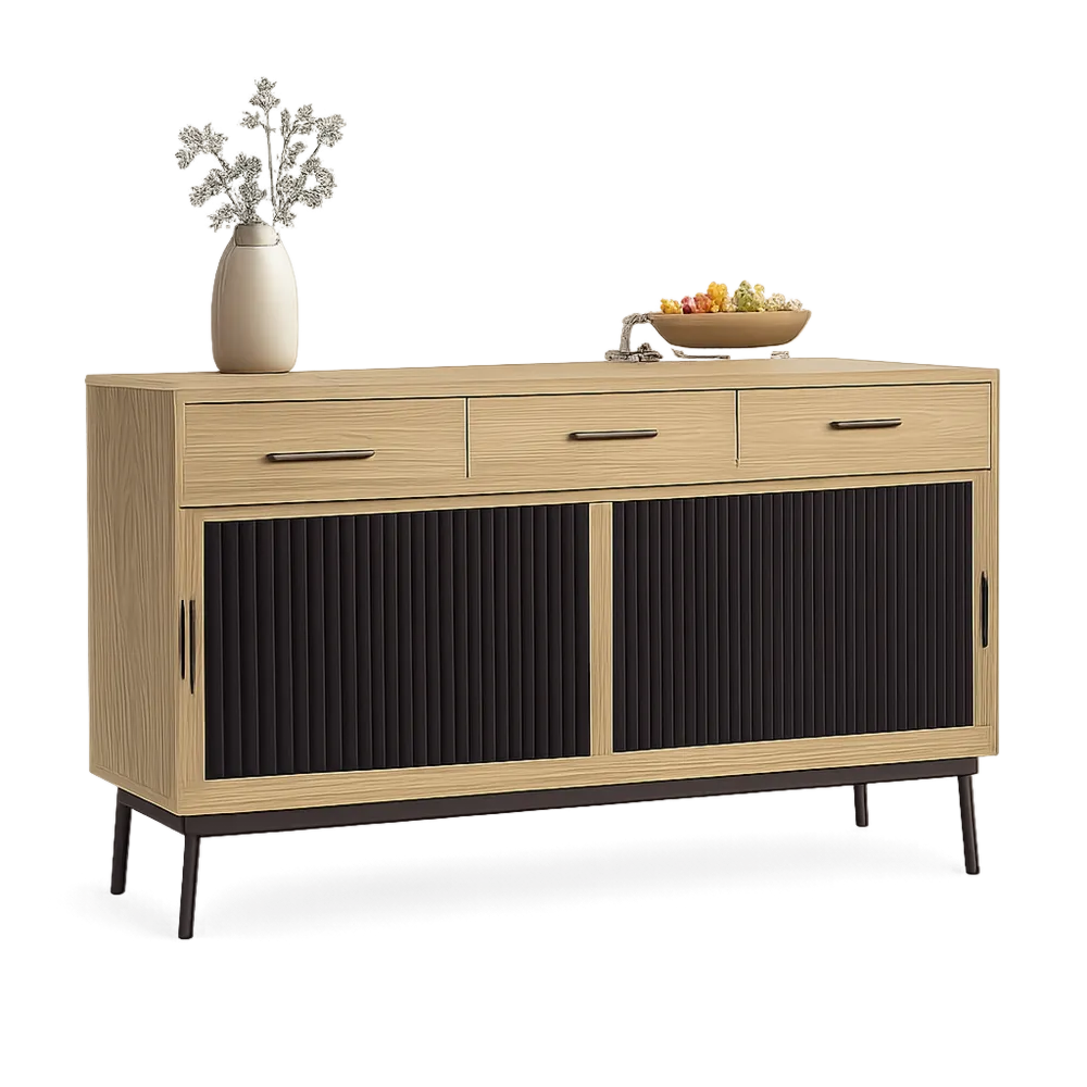Sideboard Kommode mit Schubladen Türen MDF Holzdekor Rillenfronten Metallbeine Beige Schwarz 160 x 40 x 75 cm