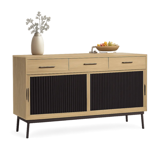 Sideboard Kommode mit Schubladen Türen MDF Holzdekor Rillenfronten Metallbeine Beige Schwarz 160 x 40 x 75 cm