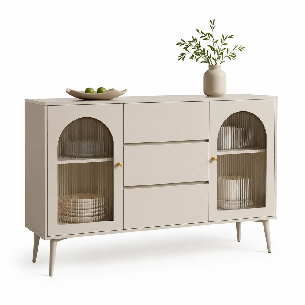 Sideboard Kommode mit Glastüren Schubladen MDF Rillenfronten Metallbeine Beige 160 x 40 x 80 cm
