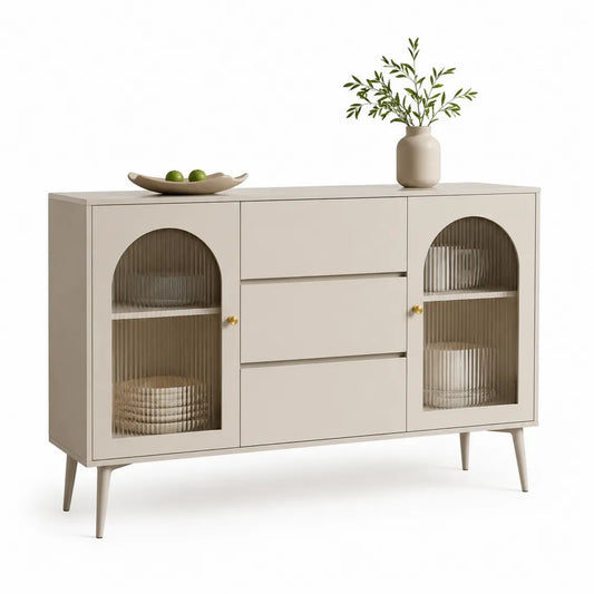 Sideboard Kommode mit Glastüren Schubladen MDF Rillenfronten Metallbeine Beige 160 x 40 x 80 cm