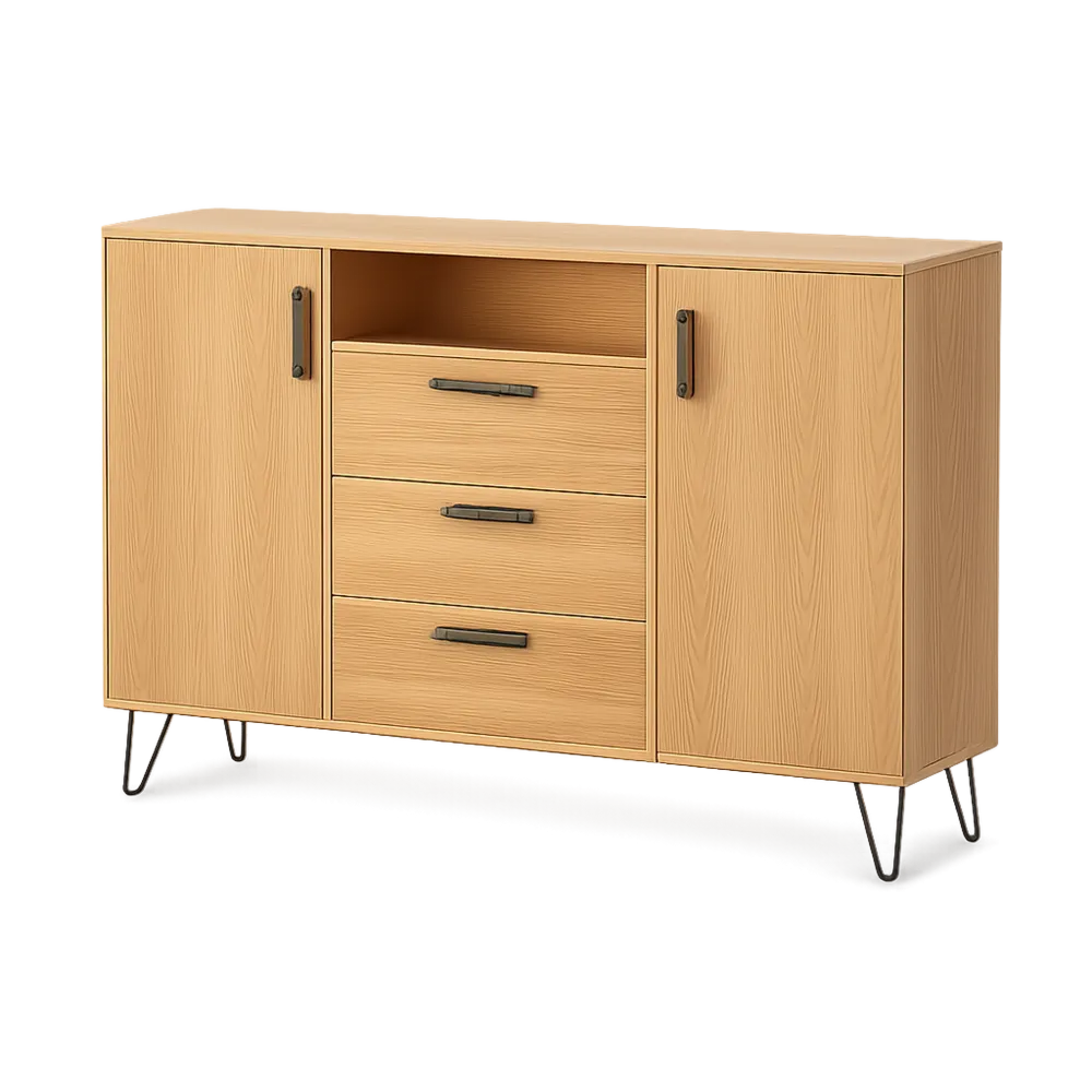 Sideboard Kommode mit Türen Schubladen MDF Holzdekor Metallbeine Natur Schwarz 160 x 40 x 80 cm