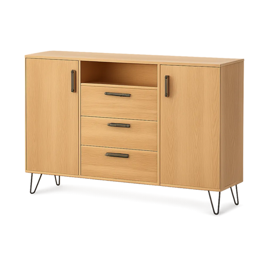 Sideboard Kommode mit Türen Schubladen MDF Holzdekor Metallbeine Natur Schwarz 160 x 40 x 80 cm