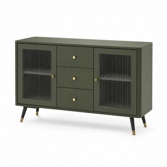 Sideboard mit 2 Glastüren 3 Schubladen MDF Riffelglas Metallbeine Grün Schwarz Gold 160 x 40 x 80 cm