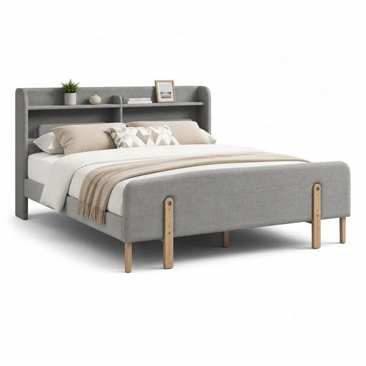 Polsterbett Doppelbett Stoffbett mit Kopfteilregal MDF Rahmen Grau 180 x 200 cm