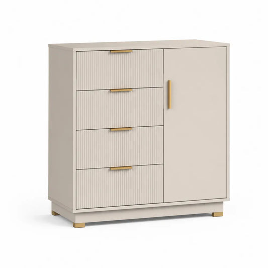 Sideboard Kommode mit Türen Schubladen MDF Rillenfronten Metallfüße Gold Beige 120 x 40 x 85 cm