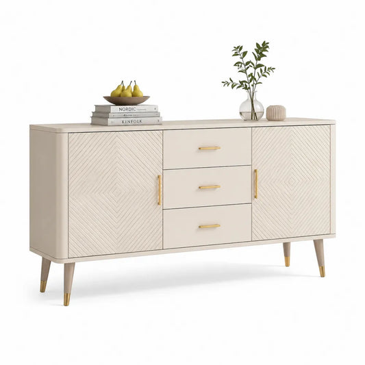 Sideboard Kommode mit Türen Schubladen MDF Rillenfronten Metallbeine Gold Beige 160 x 40 x 80 cm
