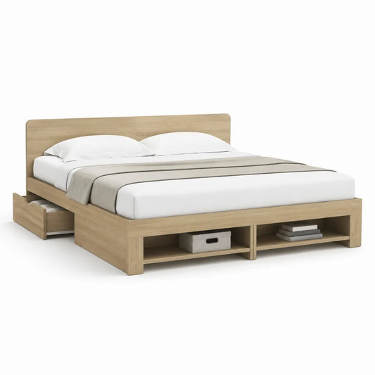 Doppelbett Bettgestell MDF Holzdekor mit Schublade Ablagefächern Natur 180 x 200 cm