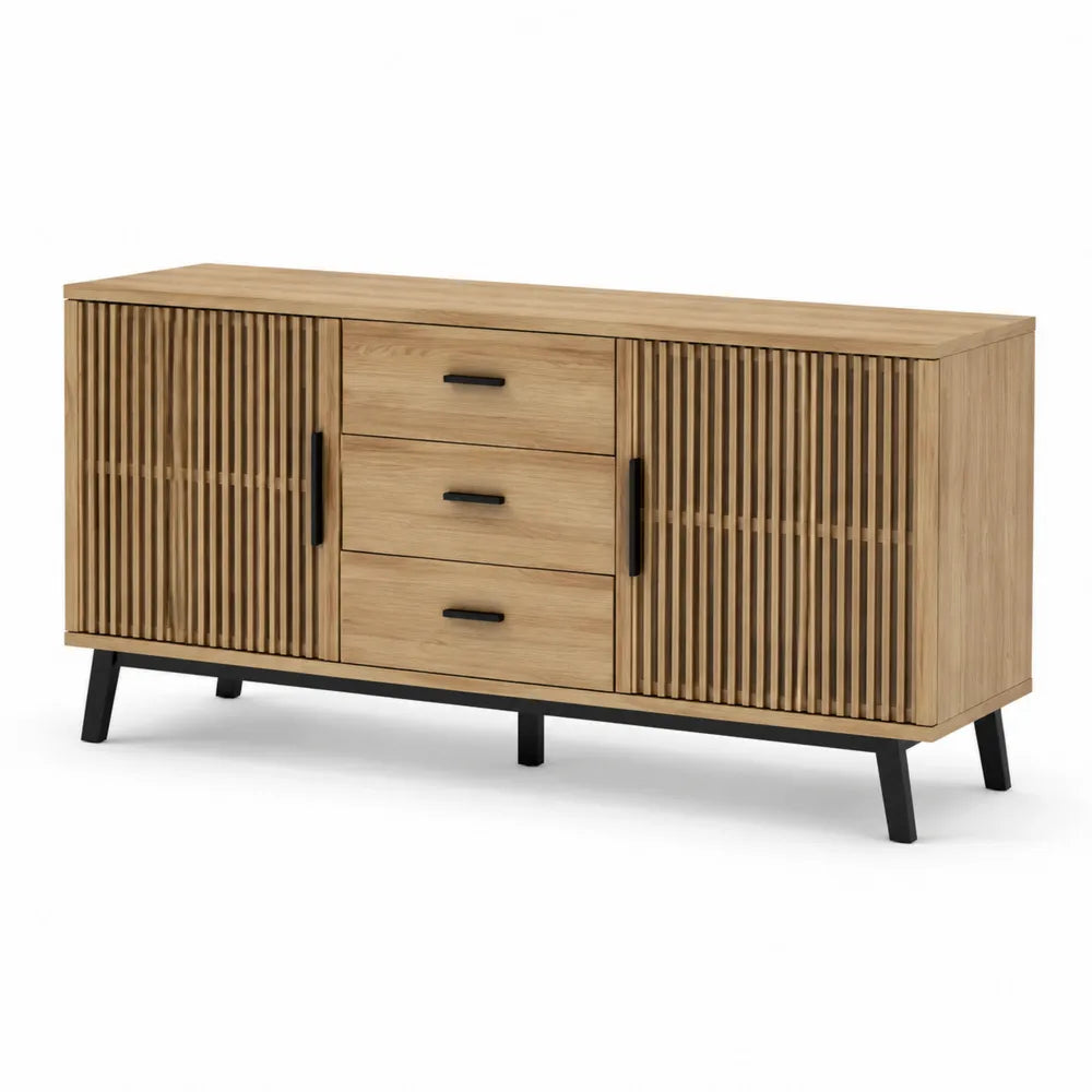 Sideboard mit 2 Türen 3 Schubladen MDF Lamellenfront Metallbeine Schwarz Natur 160 x 40 x 80 cm